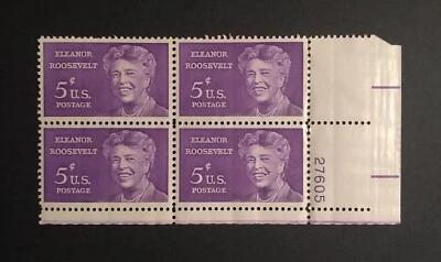 US Plate Block  of 4 Scott #1236 Eleanor Roosevelt 5 Cent Stamps 1963 - Image 1 of 2
