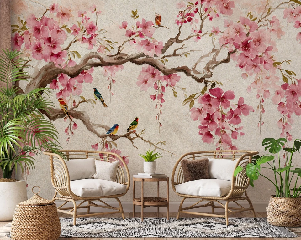 Papier Peint Intissé Panoramique Arbre Fleurs Roses XXL Chambre et Salon 21 - Photo 1/4