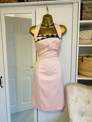 Karen Millen Pink Black Halter Neck Satin Wiggle Dress UK 12 Vintage  - Image 1 of 4