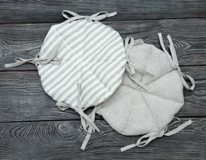 Set 2 Two-Sided Linen quilted Seat Pad With Ties Round Heather Stripe Beige - Picture 1 of 17