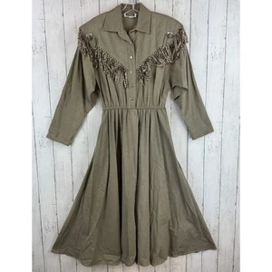 Abito Vintage Indizi COLLEZIONI Taupe Midi Rockabilly Stile Western Frange Taglia 9/10 - Foto 1 di 15