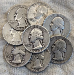 Lot of 8 Silver Washington Quarters VG/Fine : 1950's, P D & S Mints - 90% Silver - Picture 1 of 3