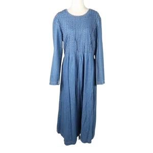 Vintage 90s Marnie West Blue Denim Pintuck Midi Dress 10 - Picture 1 of 5