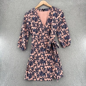 J Crew Dress Women 4 Petite Pink Navy Floral True Wrap 3/4 Sleeve Mini Surplice - Picture 1 of 11