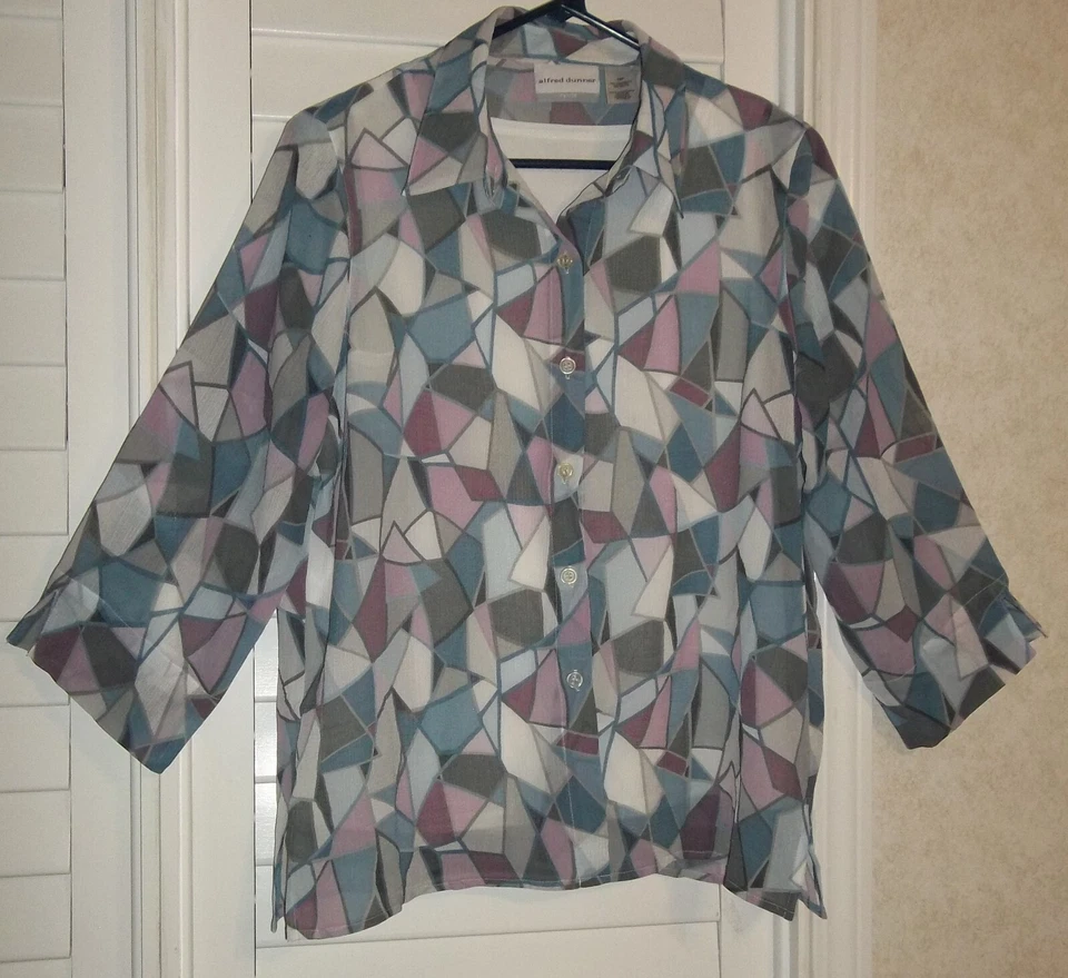 Alfred Dunner Blouse Blue Geometric White Tank 10 Petite Sheer Long Sleeve - Image 1 of 4