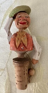 Vintage ANRI Mechanical Man Tipping Hat Cork Bottle Stopper Wooden Hand Carved - Picture 1 of 4