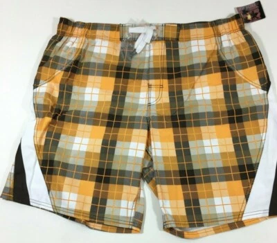 JOE BOXER Brown Orange White Plaid Swim Shorts Trunks Pool Swimsuit Men's XL NWT - Image 1 of 4