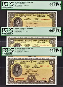 Ireland Lady Lavery 3 CONSECUTIVE 5 Pounds 1975 Pick-65c GEM UNC PCGS 66 PPQ - Picture 1 of 2