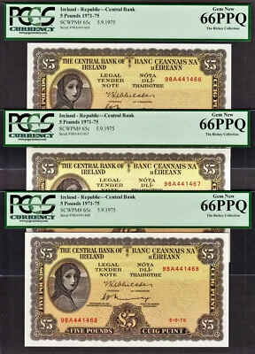 Ireland Lady Lavery 3 CONSECUTIVE 5 Pounds 1975 Pick-65c GEM UNC PCGS 66 PPQ - Image 1 of 2