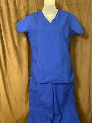 Electric Blue Women’s Scrub Top & Bottom XS Drawstring Simply Basic Brand - Image 1 of 4