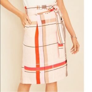 NWT Ann Taylor Loft  10P Skirt Midi Waist Tie Plaid Pink Red Linen Blend Lined