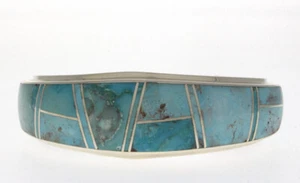 Natural Bisbee Turquoise Channel Inlay Bracelet By Navajo Artist Julius Burbank - Picture 1 of 5