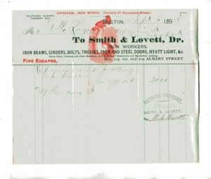 Vintage illustrierte Billhead SMITH & LOVETT EISENARBEITER 1895 Boston Albany St - Bild 1 von 1