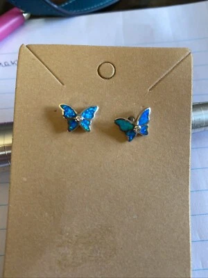 Blue FIRE OPAL Butterfly Stud / Post Earrings 925 STERLING SILVER Rhodium #684e - Image 1 of 2