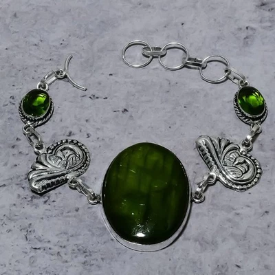 Green Labradorite, Peridot Gemstone 925 Sterling Silver Bracelet 7-8" t886 - Image 1 of 4