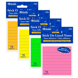 Bazic 70 Ct. 3" x 3" Neon linierte Haftnotizen, 24er Pack - Bild 1 von 7