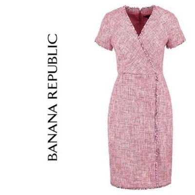 Banana Republic Rose Red Cream Tweed Midi Faux Wrap Dress 00 Petite XXS - Image 1 of 4