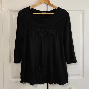 Lucky Brand Women's Black Crocheted/Lace 3/4 Sleeve Burnout Top Size SM Academia - Picture 1 of 10