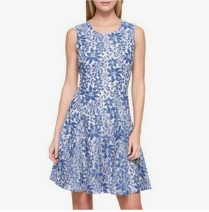 Tommy Hilfiger Fit & Flare Lace Floral Blue & White Sleeveless Dress Sz 12 - Picture 1 of 15
