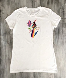 Mexican Tenango T-shirt W/ Bird Hand Embroidery Women's White Top M  - Picture 1 of 6