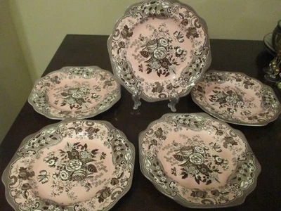 SPODE Set 5 BLUE ROSE Brown & Pink PLATES- SPODE ARCHIVE COLLECTION 9" - Image 1 of 4
