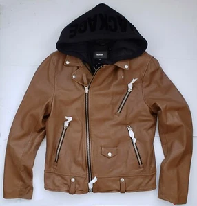 $1100 Designer MACKAGE Men Stand Collar Lamb Leather Logo Hooded Biker Jacket 38 - Picture 1 of 12