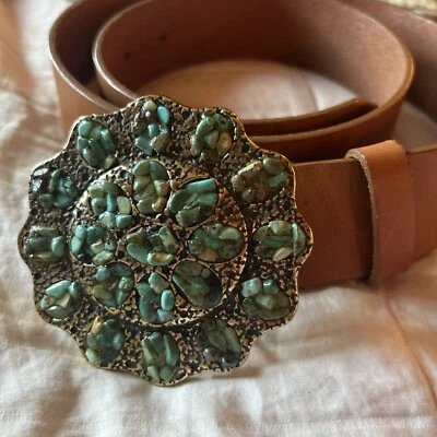 "Cinturón de cuero Coldwater Creek para damas M 36"" turquesa occidental/boho hebilla de latón" Foto 1 de 4
