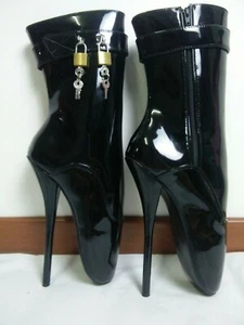 7 Inch High Heel Fetish Ballet Men Plus Size Black Paten Locking Ankle Boots BDs - Picture 1 of 5
