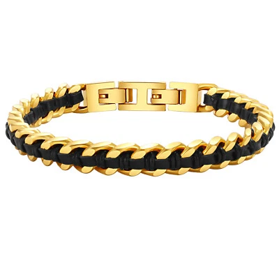 Pulsera Punk Hombres 8mm Ancho Cuero Trenzado Eslabón Cubano Cadena Acero Inoxidable Regalo Foto 1 de 4