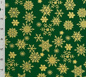 Green Metallic Gold Snowflakes Christmas Cotton Fabric - Choose Size