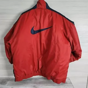 Nike Vintage Anorak Puffer Big Swoosh Kangaroo Pocket Red & Navy Jacket Coat L - Picture 1 of 23
