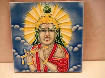 Azulejo antiguo Art Nouveau Señor Krishna jugando flauta mitología hindú decorativo*90 Foto 1 de 4