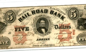 $5 "RAILROAD BANK" 1800'S (MICHIGAN) $5 "RAILROAD BANK" $5 (MICHIGAN) NICE!!! - Picture 1 of 3