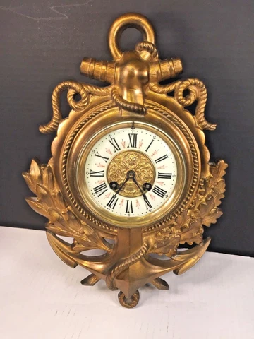 Ant Japy Freres Gilt Bronze Nautical Themed Wall Clock Movement Porcelain Face Cover