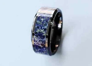Men’s Polished Black Ceramic Blue Lapis Inlay & Beveled Edges Wedding Ring - 8mm - Picture 1 of 3