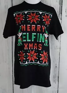 Mens Jem Merry Elfin Xmas Elf Christmas Tee T-shirt Black Red Snow Green Medium - Picture 1 of 4