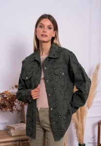 Camisa vaquera informal de gran tamaño con bordados florales y pedrería con cuentas para mujer - Imagen 1 de 15