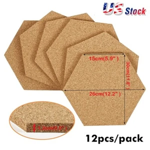 12 Pcs Hexagon Cork Board 12" x 10.2"-1/2" Thick Wall Bulletin Boards Cork Tiles - Picture 1 of 10