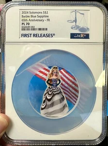 2024 SOLOMONS SILVER $2 BARBIE BLUE SAPPHIRE COIN 65 TH ANNIVERSARY PL 70 NGC - Picture 1 of 9