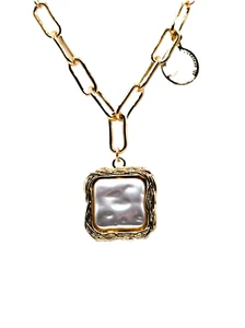 Gold Tone Chain Pendant Necklace Featuring White Pearls and Coin Charm - Picture 1 of 4