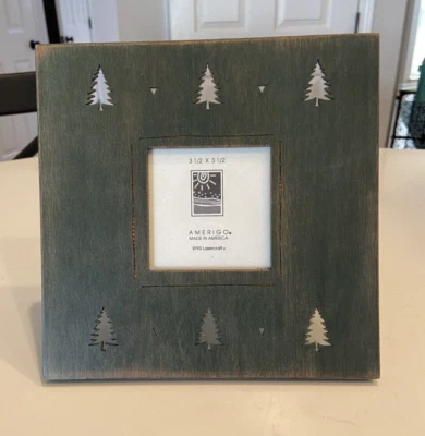 Amerigo Lasercraft Green Cut Out Trees 3.5x3.5 Wooden Picture Frame Christmas - Image 1 of 4