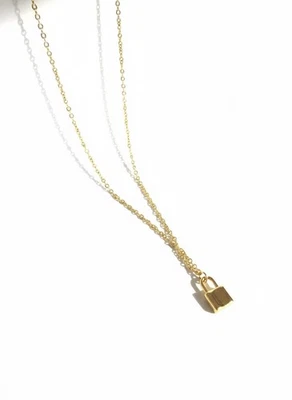 Gold Padlock Lock Pendant Necklace Stainless Steel Paperclip Chain 16/18" +2" - Image 1 of 3