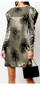 VICTORIA BECKHAM Mini Dress Size 8 Pouf Sleeve Fireworks Gold Metallic Jacquard - Picture 1 of 23