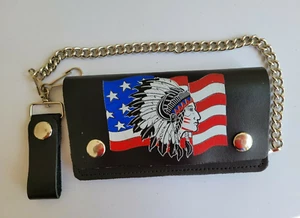 Genuine Black Leather 6 " Biker Trucker Wallet W/ Chain Native American Chief - Picture 1 of 4