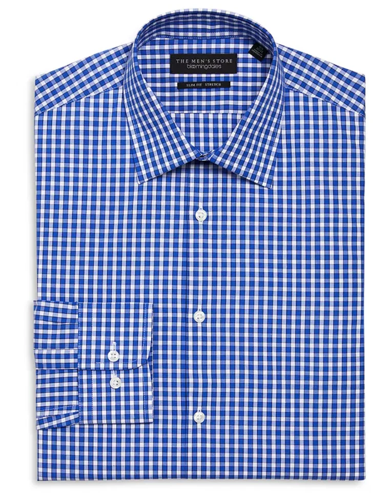 NUEVO CON ETIQUETAS Bloomingdale's Camisa de Vestir Elástica Calce Ajustado Azul a Cuadros, Talla 34/35 Foto 1 de 1