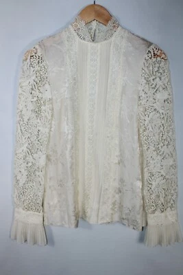 H&M x Erdem Women's Size 6 Cream 100% Silk Pleated Lace Blouse - Image 1 of 4
