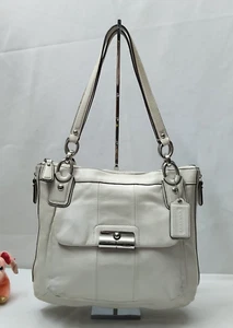 Coach Kristin White Leather Buckle Pocket Double Handle Zipper Tote Shoulder Bag - Picture 1 of 20