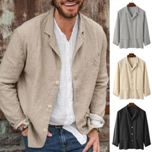 Men Fashion Long Sleeve Cotton Linen Lapel Solid Button Thin Coat Blazer K - Picture 1 of 15