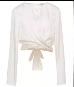 GUESS Women's Cut Out Wrap Top Blouse M Cream V-neck Tie Office Work wear N42 - Picture 1 of 10