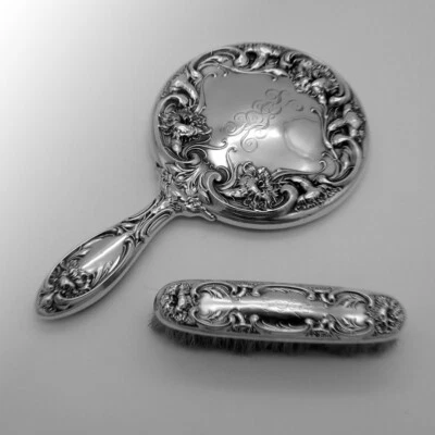 Juego de cepillos para ropa espejo de mano clavel Wallace plata esterlina mono en muy buena condición Foto 1 de 4